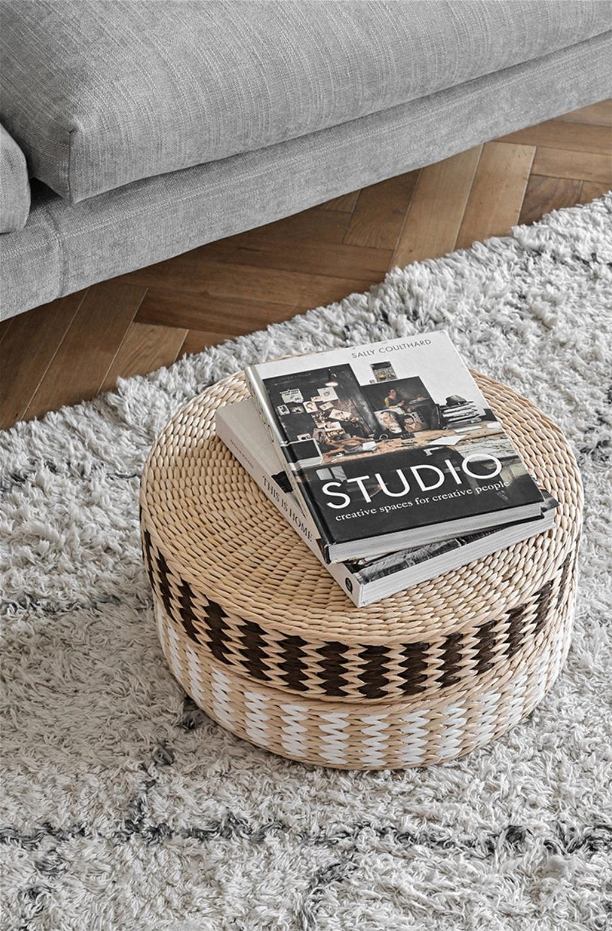 Round thin meditation cushion - floor seat - cattail straw floor cushion - floor cushion filled with high-elastic rubber foam