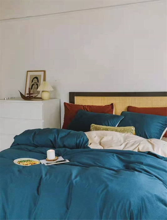 Bedsheet set of 4 - quilt cover, bed sheet and pillowcases - duvet cover in blue- flat sheet - sleeping kit - bedding - velvet bed sheet