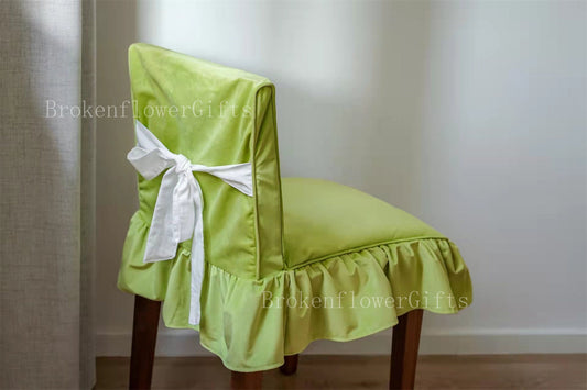 Velvet chair cover, lime chair cover ruffle edge