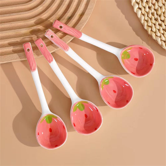 Strawberry ceramic spoon with long handle