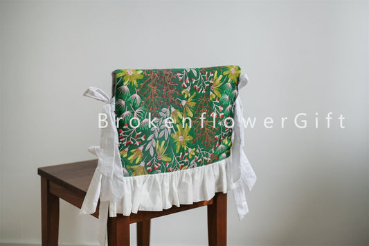 Custom size chair back cover with ties - green flower chair back cover